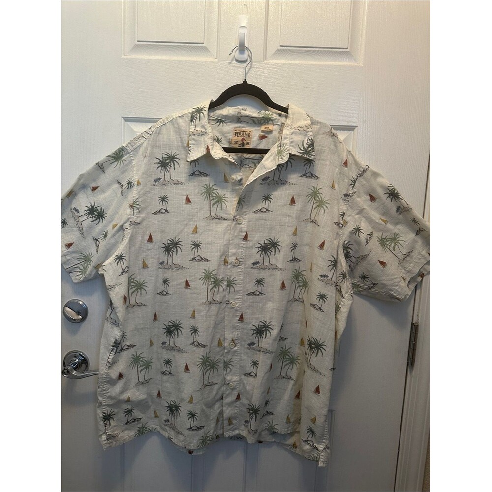 Men's Tropical Palm & Sailboat Print 100% Cotton Short Sleeve Shirt - 3XL